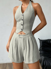 Women's Summer Casual Solid Color Front Button Halter Top And Shorts Set